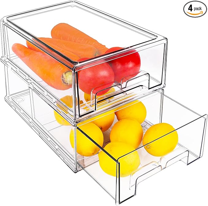 2 Pcs Refrigerator Organizer Bins Pull-Out Drawers, Clear Fridge Drawers, Stackable Fridge Organizer Drawers, Food Storage Containers for Fruit & Vegetables, for Kitchen, Freezers, Storage Rooms