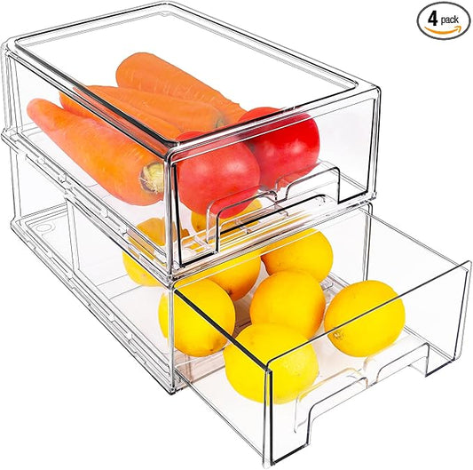 2 Pcs Refrigerator Organizer Bins Pull-Out Drawers, Clear Fridge Drawers, Stackable Fridge Organizer Drawers, Food Storage Containers for Fruit & Vegetables, for Kitchen, Freezers, Storage Rooms