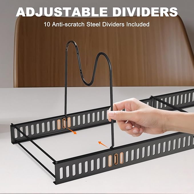 JOYART Pot and Pan Organizer, Expandable Pot Lid Organizer with 10 Adjustable Dividers, Cutting Board Organizer for Kitchen Cabinet Organizers and Storage, Black