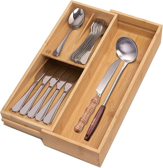 Bamboo Kitchen Drawer Organizer, Silverware Organizer Expandable Utensil Holder with Removable Knife Block, Cutlery Tray with Drawer Dividers for Kitchen Utensils and Flatware