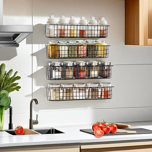 Spice Rack Organizer Wall Mount, 4 Pack Black Seasoning Rack Wire Storage Baskets for Wall or Cabinet Door in Kitchen and RV