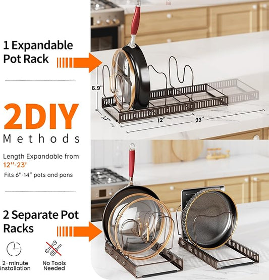 MUDEELA Pots and Pans Organizer under Cabinet, Expandable Pan Organizers inside Cabinet with 12 Adjustable Dividers, Kitchen Cabinet Organizers and Storage for Cutting Board, Cast-iron Pan