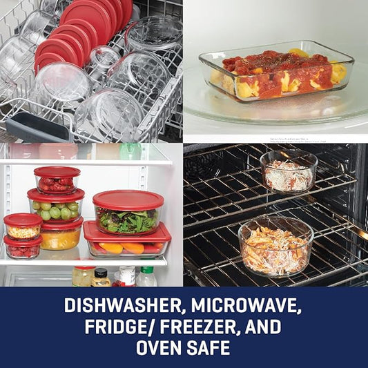 Anchor Hocking 18 Piece Glass Storage Containers with Lids (9 Glass Food Storage Containers & 9 Red SnugFit Lids)