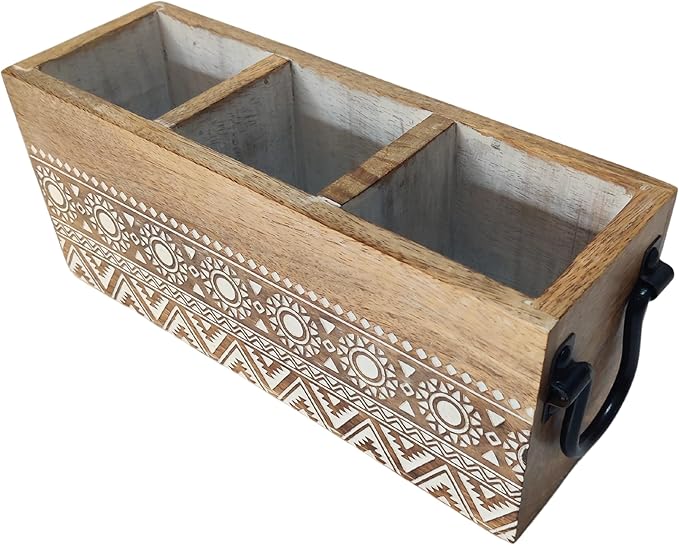 VANIYA CRAFTSR® Handmade Wooden Carved Design 3 Compartments Cutlery Utensil Holder For Napkins, Spoons, Forks, Tissues, Knife (Natural White Finish)