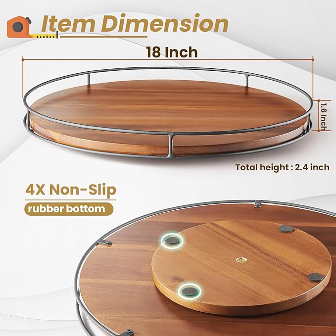 18" Acacia Wood Lazy Susan Turntable with Metal Frame - Large Brown Lazy Susans Organizer Countertop Storage - Wooden Serving Tray for Charcuterie Cheese Board - Kitchen Counter Rotating