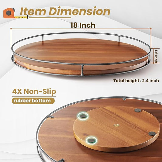 18" Acacia Wood Lazy Susan Turntable with Metal Frame - Large Brown Lazy Susans Organizer Countertop Storage - Wooden Serving Tray for Charcuterie Cheese Board - Kitchen Counter Rotating