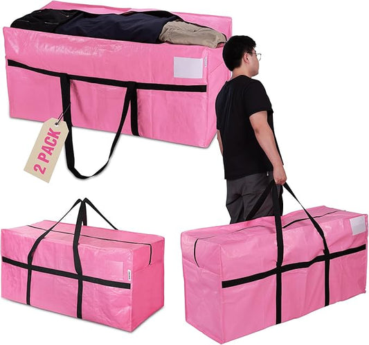 WORKPRO 2-Pack 66 Gallon Extra Large Moving Bags with Zippers, Carry Handles, Heavy-Duty, Water-Resistant Storage Totes for Moving & Space-Saving Organization, Pink