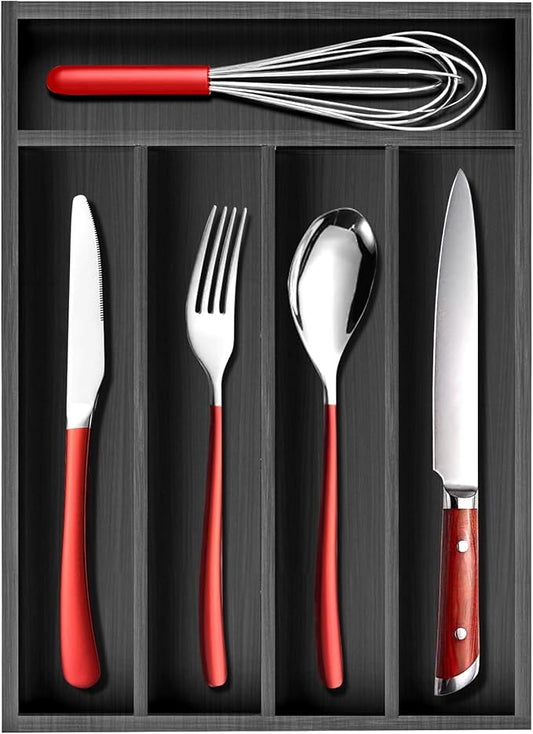 Black Wood Kitchen Silverware Organizer Tray Utensil Organizer Wooden Cutlery Tray Spoon and Fork Flatware Organizer for Drawer Bamboo Silverware Divider Storage Container Utensil Holder Drawer