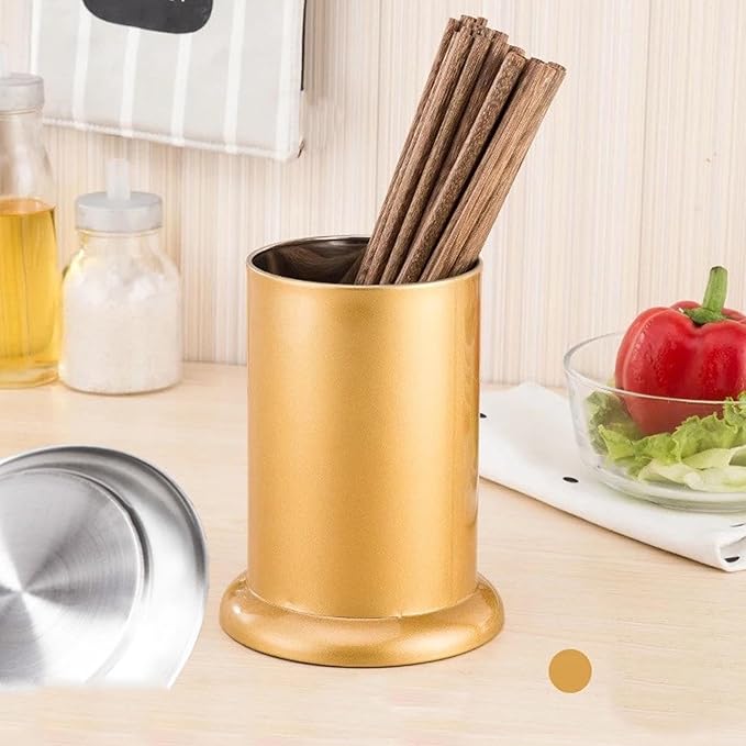 Kitchen Utensil Holder, Gold Stainless Steel Silverware Drainer Basket Cylinder Flatware Draining Organizer Drying Rack Straw Holder Silverware Caddy Organizer for Forks, Knives, Spoons, Chopsticks