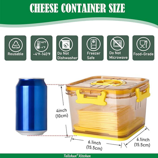 Sliced Cheese Container with Airtight Lid for Mini Fridge BPA-Free Kitchen Plastic Storage Deli Cheese Slices Stackable Store Date Record Function Keeps Cheese Fresh Longer (Yellow)