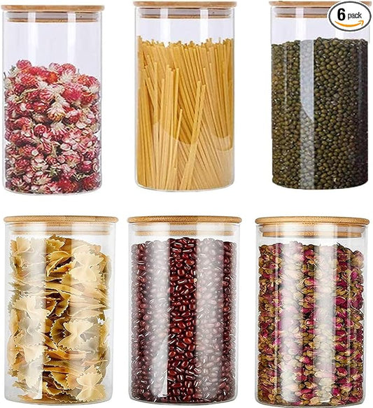Glass Food Storage Jars Containers, 32oz Glass Storage Jar with Airtight Bamboo Lids Set of 6 Kitchen Glass Canisters For Coffee, Flour, Sugar, Candy, Cookie, Spice and More