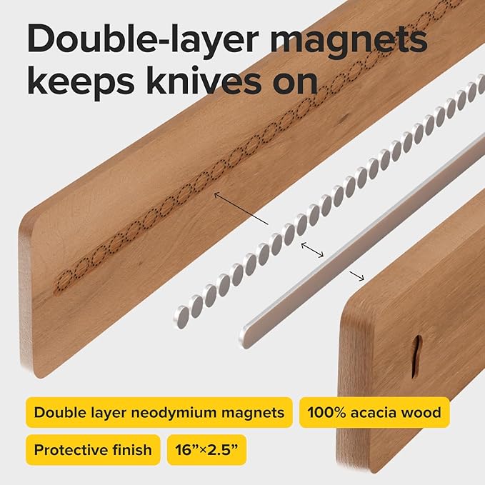 Wooden Knife Magnetic Strip 16" Acacia Wood Natural Beech – Magnetic Knife Holder for Wall no Screws – Kitchen Utensil Holder, Knife Bar, Knife Rack, Kitchen Organizer and Tool Holder