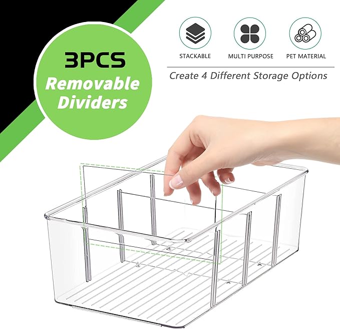 5 Pack Pantry Organizer with Removable Dividers, Snack Organizer for Pantry, Chip,Clear Acrylic Food Storage Bins for Kitchen, Fridge, Cabinet,Packets, Pouches