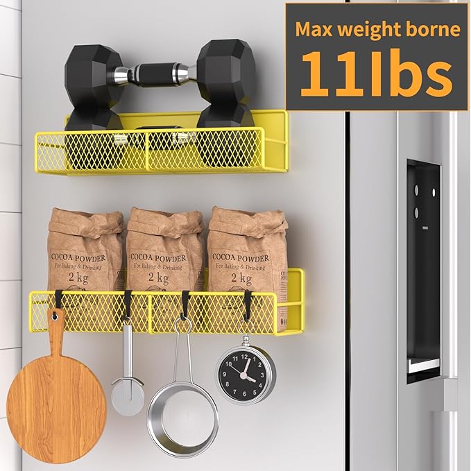Magnetic Spice Rack for Refrigerator, 2 Pack Metal Magnetic Shelf, Moveable Spice Organizer with Hooks, Super Magnetic Fridge Shelf for Kitchen Organization and Storage, Yellow