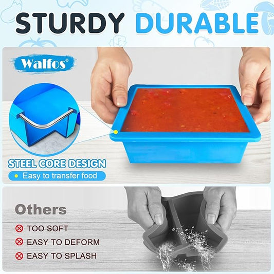 Walfos 2cup Silicone Freezing Tray with Lid - Easy Meal Prep Container and Kitchen Storage Solution, Make Perfect Freezing,Storing Soups, Foods, Stews, Dips or Sauces Simple and Convenient-4-PACK BLUE