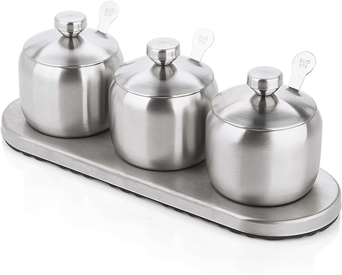 TENT TENTA KITCHEN 18/8 Stainless Steel Seasoning Containers Set Spice Jar Spice Rack Condiment Cruet Bottle Salt Pepper Sugar Storage Organizers with 3 Serving Spoons And Non-slip Base