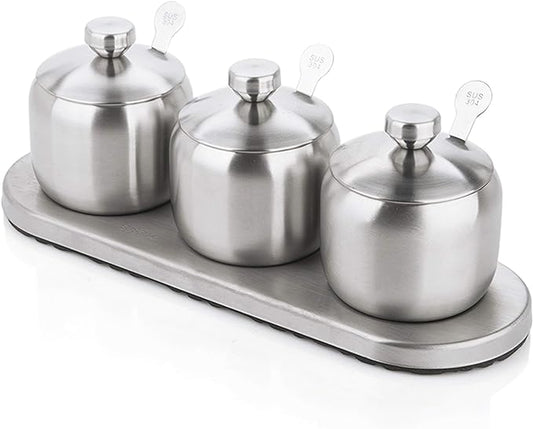 TENT TENTA KITCHEN 18/8 Stainless Steel Seasoning Containers Set Spice Jar Spice Rack Condiment Cruet Bottle Salt Pepper Sugar Storage Organizers with 3 Serving Spoons And Non-slip Base