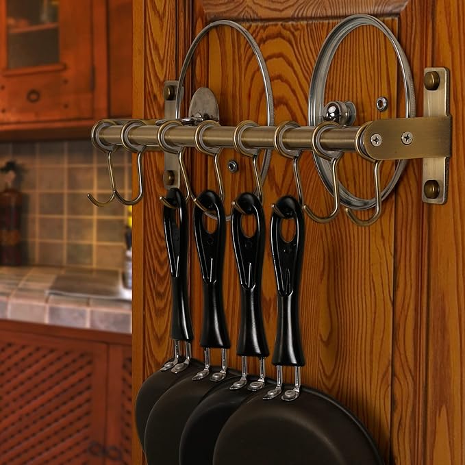 DSEAP Pot Rack - Pots and Pans Hanging Rack with 8 Hooks, Double Bars, Wall Mounted, Bronze