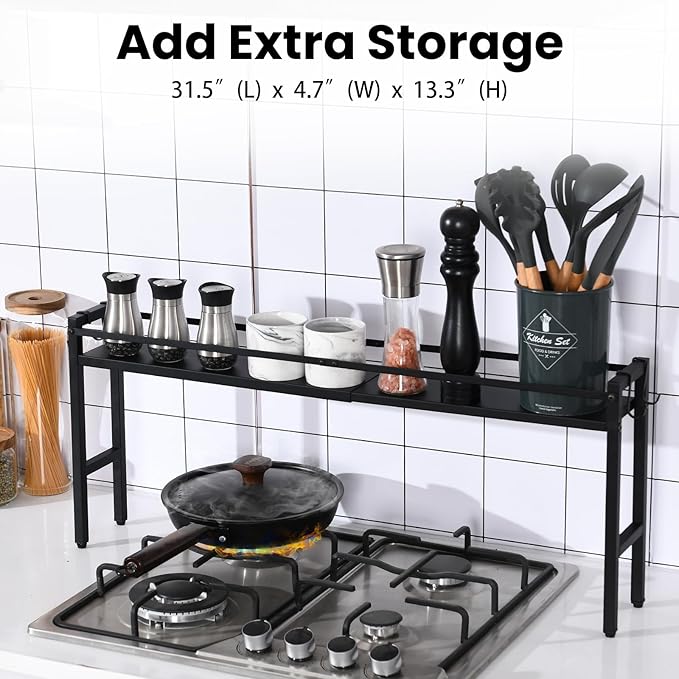 Stove Top Shelf,Over The Stove Spice Shelf for Kitchen,Spice Rack Shelf with 4 Hooks Extra Storage Countertop, Seasoning Organizer,Kitchen Organizers and Storage (Black)