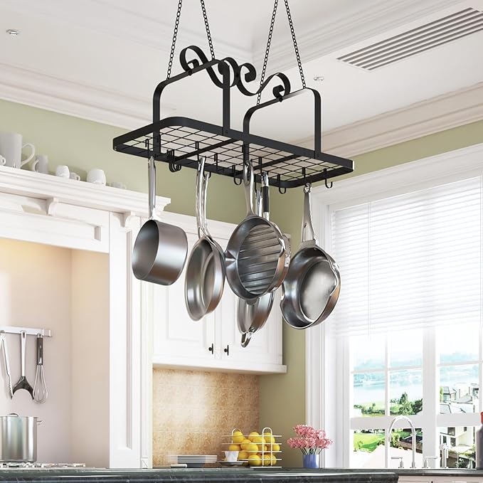 33” Black Pot Rack Hanging, Heavy Duty Metal Ceiling Pot Rack with 15 Hooks, Pot and Pan Hanging Rack Organizer for Kitchen Cookware Utensils