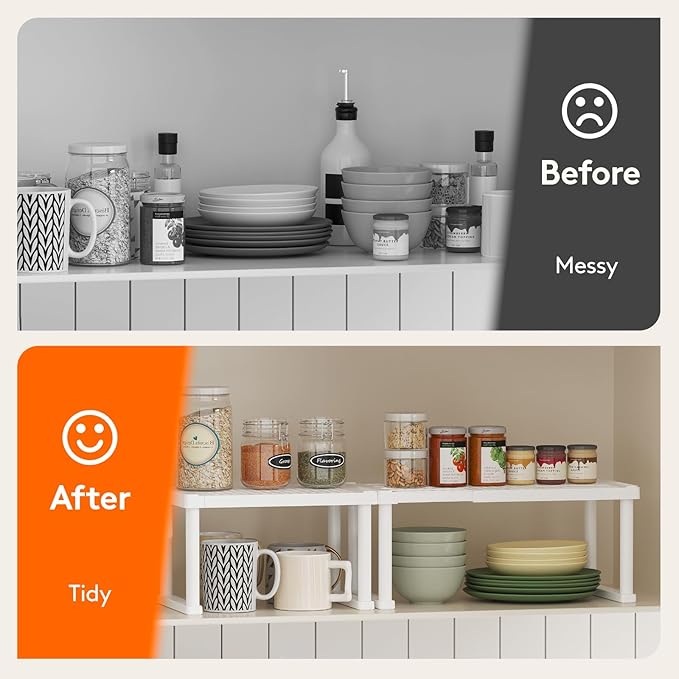 Lifewit Cabinet Shelf Organizer, Expandable Countertop Kitchen Shelves, Plastic Shelf Riser for Pantry Kitchen Storage and Spice Rack, Set of 4, White