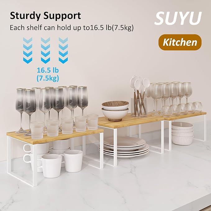 SUYU Kitchen Cabinet Organizer Shelf,Bamboo Spice Rack Set of 2,Space-Saving Countertop Organizer for Kitchen, Office, or Closet, Stackable and Nesting Shelves,White and Natural SCW201B