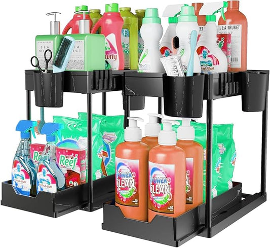 2 Pack Under Sink Organizers and Storage Bathroom, 2 Tier Under Sliding Kicthen Cabinet Basket Organizer with Hooks, Hanging Cup, Dividers, Handles, Multi-purpose Under Sink Shelf Organizer