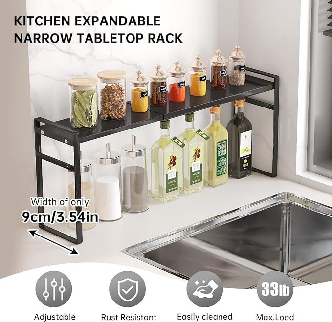 Expandable Metal Spice Organizer Shelf, Standing Small Narrow Rack for Seasonings, Adjustable Kitchen Storage Shelf Countertop (White, L13.7-23.6''*W3.54''H7'')