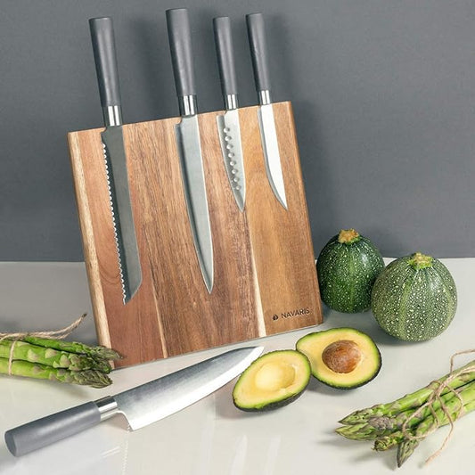 Navaris Wooden Magnetic Knife Holder - Universal Wood Magnetic Block & Organizer for Knives, Scissors, Kitchen Cutlery - Acacia, 10.9" x 10.8"