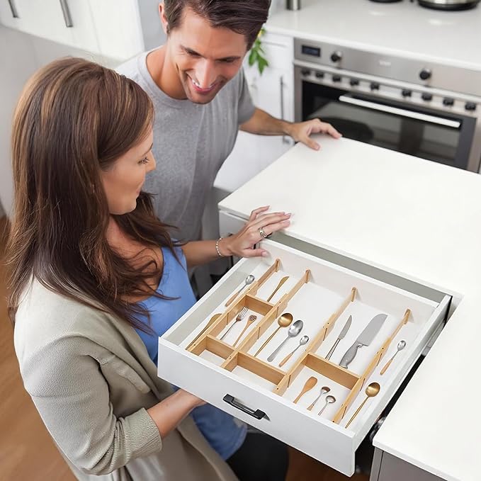 Adjustable Drawer Dividers Pack of 4 with Inserts, Set Kitchen Drawer Organizer for Utensils, Spice Organization, Deep Drawers and Baby Clothes