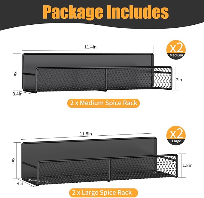 Magnetic Spice Rack for Refrigerator, 4 Pack Metal Magnetic Shelf Black, Moveable Spice Organizer, Super Magnetic Fridge Shelf for Kitchen Organization and Storage