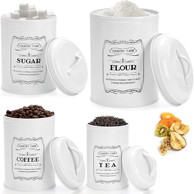 yarlung Set of 4 Kitchen Canisters with Airtight Lids, Coffee Tea Sugar Flour Tin Jars Nesting Food Storage Container Set for Farmhouse Decor, 4 Sizes