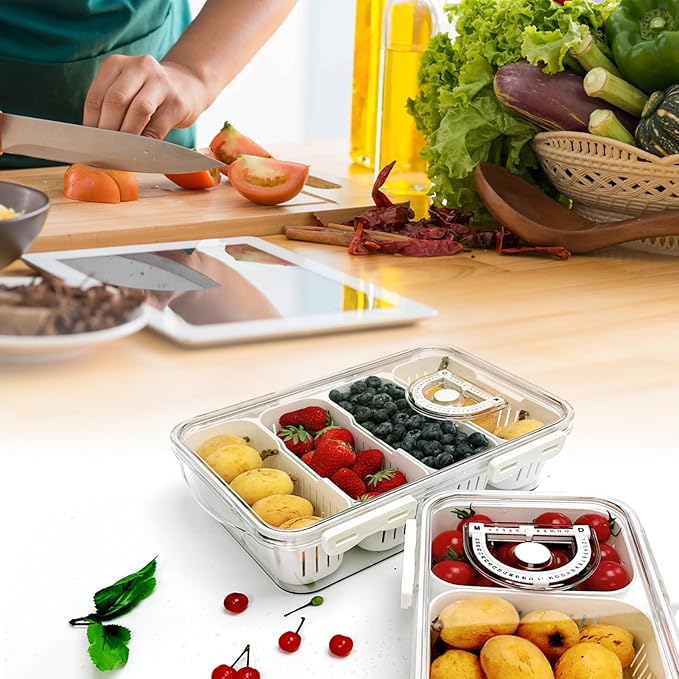 MANO Divided Snackle Box Charcuterie Container with 4 Compartment Serving Tray with Dividers for Fridge Refrigerator Veggie Fruit Berry Salad Storage(1 Pack)