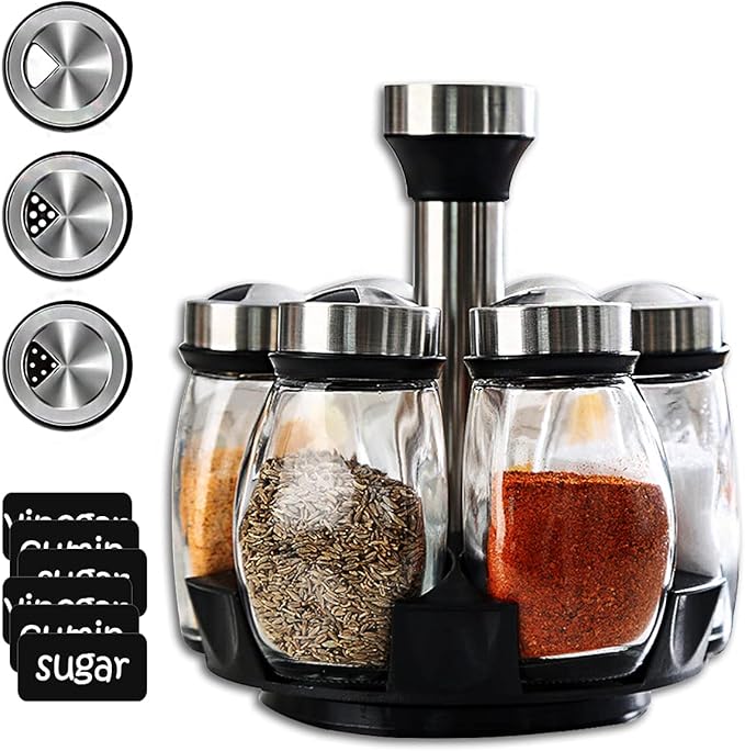 Revolving Spice Rack, 6-Jar Seasoning Organizer Holder 360° Rotation Shelf Tower Set with 6 Glass Spice Refill Containers Jars for Cabinet Countertop Kitchen Cooking (Spices Not Included)