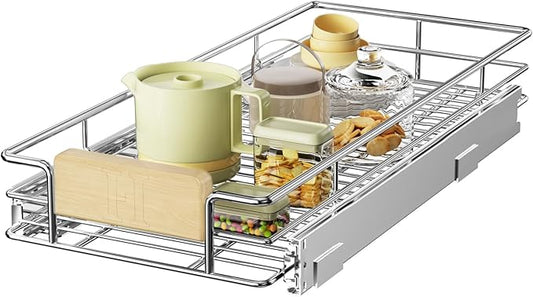 LOVMOR Pull Out Cabinet Organizer with Wooden Handle, 10½" W x 21½"Heavy Duty Cabinet Drawers Shelves Slide Out Organizer for Kitchen, Pantry