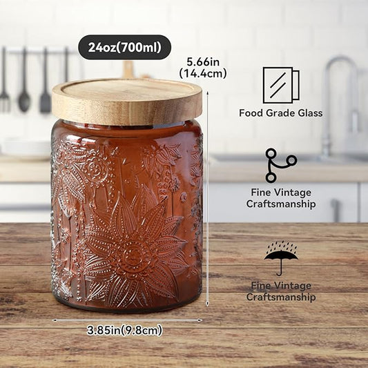 Vintage Glass Jar with Lid,Cookie Candy Jar Coffee Canister Food Storage Containers Storage Jar Set for Kitchen Office (Brown garden - acacia)