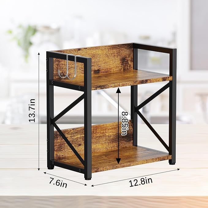 Spice-Rack-Organizer-Shelf for Kitchen Counter, 2 Tiers Coffee Bar Station Organizer for Countertop，Space Saving Desk Shelving Riser Unit (Rustic Brown, Small)