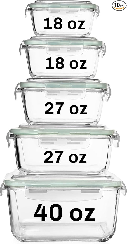 Razab 10 Pcs Glass Food Storage Containers with Lids – 40, 27, 17 Oz | Airtight Glass Storage Containers, BPA-Free meal prep containers reusable glass - Leakproof Kitchen Containers for Organizing