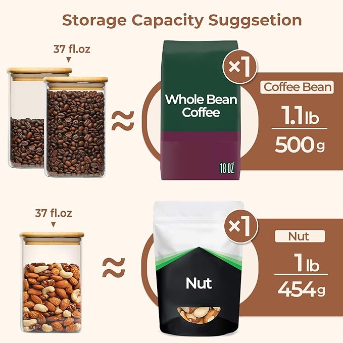 ComSaf 37oz Glass Storage Containers with Lids, Glass Jars with Lids, Clear Food Storage Jar, Square Glass Canister Set of 9, Pantry Organizers and Storage for Cookie Flour Oat Pasta Tea Coffee Bean