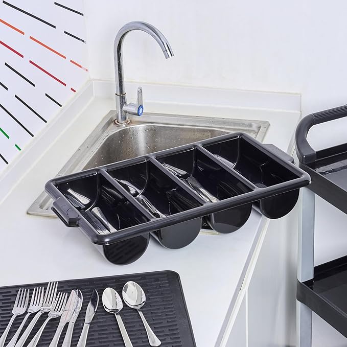 Restaurantware-21.9 x 14.2 x 3.5 Inch Silverware Organizer, 1 Crack-Resistant Cutlery Tray - 4 Compartments, Built-In Handles, Black Plastic Utensils Drawer Holder, For Kitchen Organization