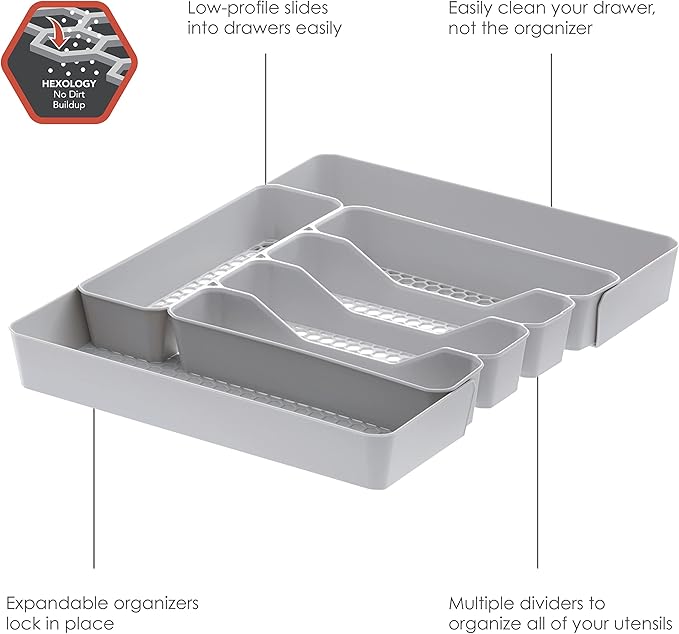 Spectrum HEXA 5-Divider Expandable Silverware Tray (Stone Gray) - In-Drawer Organizer for Kitchen Accessories, Cutlery, Knives, & More/Easy-to-Clean Home & Apartment Essential (Pack of 2)