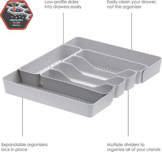 Spectrum HEXA 5-Divider Expandable Silverware Tray (Stone Gray) - In-Drawer Organizer for Kitchen Accessories, Cutlery, Knives, & More/Easy-to-Clean Home & Apartment Essential (Pack of 2)