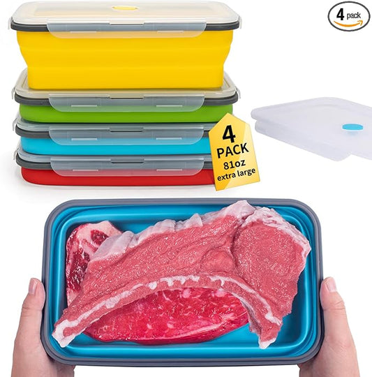 Extra Large Collapsible Food Storage Containers with Lid & Air Vent, 81 oz, 4 Pack, XXL Collapsible Marinade Container BBQ Prep Foldable Silicone Containers, Microwave Freezer Dishwasher Safe