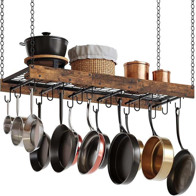 Hanging Pot Rack, Ceiling Wall Mounted Pot Rack for Kitchen, Industrial Style Pot Hanger with 18 Hooks, Cookware Storage Organizer, for Pots and Pans, Rustic Brown and Black TPR12BFC1