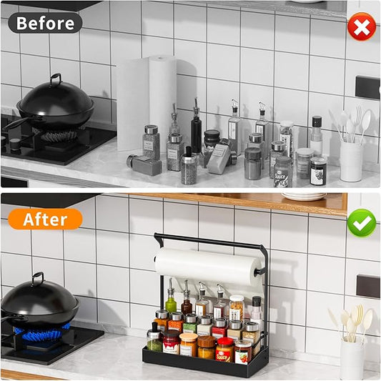 RCHYFEED 2 in 1 Countertop Paper Towel Holder Shelf with Spice Rack,3 Tier Spice Organization for Cabinet,No Drilling Paper Towel Holder with Spice Rack for Kitchen,RV,Seasoning Organizer（Black）