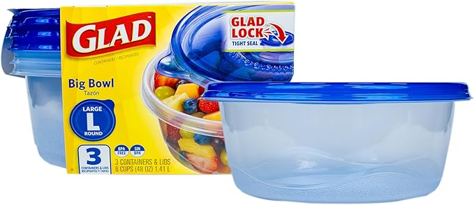 Glad GladWare Big Bowl Food Storage Containers, Large Round Bowl Holds 48 Ounces of Food, 3 Count Set Food Storage Containers for Everyday Use to Preserve Freshness