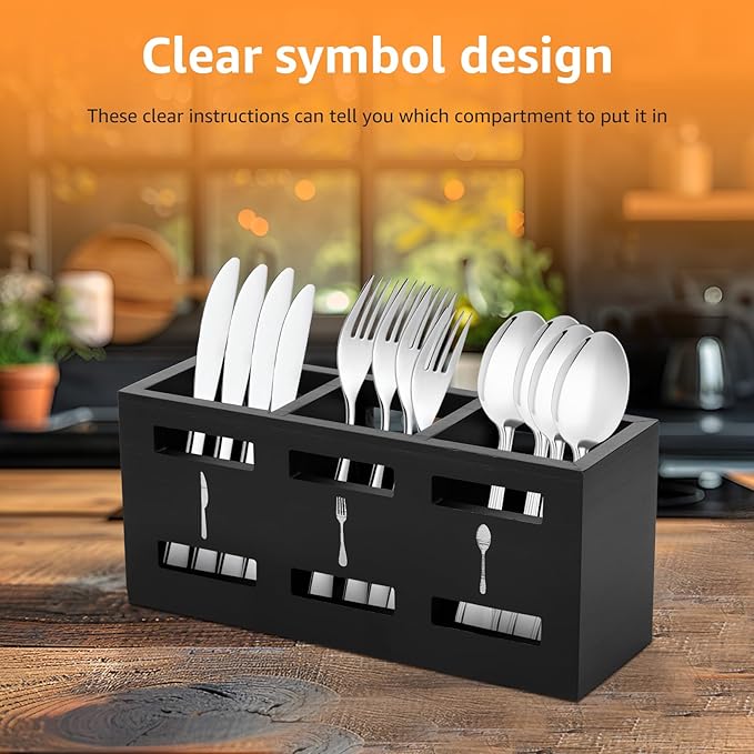 Silverware Caddy, Wood Utensil Caddy with 3 Compartments, Large Capacity Silverware Holder, Multipurpose Utensil Holder, Flatware Caddy, Stylish Cutlery Holder for Forks Spoons Cutters (Black)