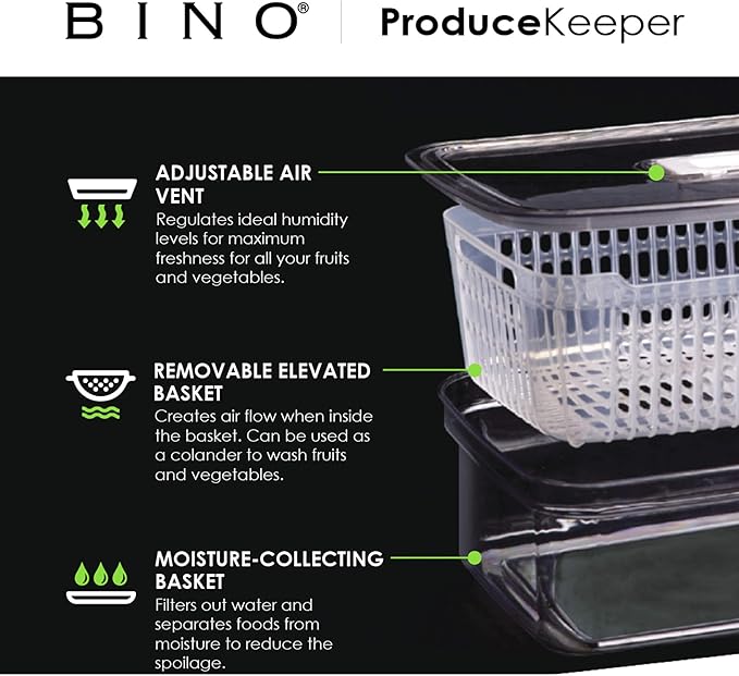 BINO | Produce Saver - 15.2 Cup/3.6L | Fridge Storage Containers for Fruits and Vegetables | Vegetable Storage with Adjustable Air Vent, Removable Basket | BPA-Free Fridge Organizers and Storage