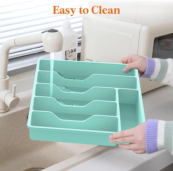 Lifewit Silverware Organizer with Lid, Covered Utensil Tray for Kitchen Drawer and Countertop, Plastic Cutlery and Flatware Storage Box for Spoons Forks Knives Holder Case, 6 Compartments, Turquoise