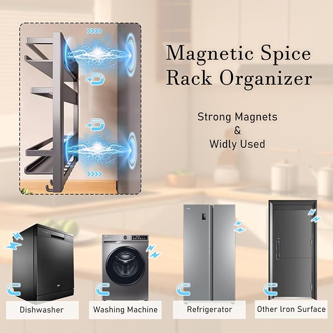 Magnetic Spice Rack For Refrigeratorwith 8-Hook，Magnetic Paper Towel Holder ，with Strong Adhesion, Rust-Proof & Space-Saving Design for Kitchen, Bathroom